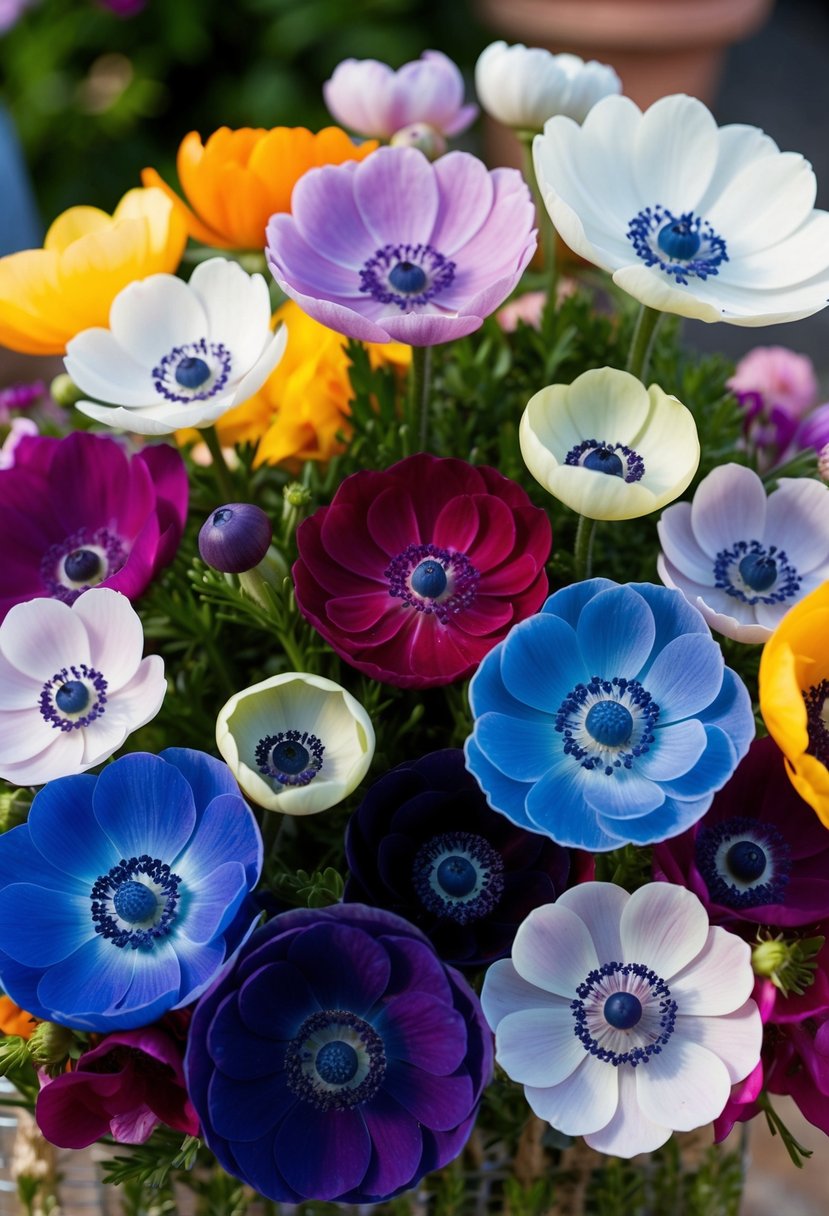 A vibrant display of anemone flowers in various colors and sizes arranged in a beautiful bouquet