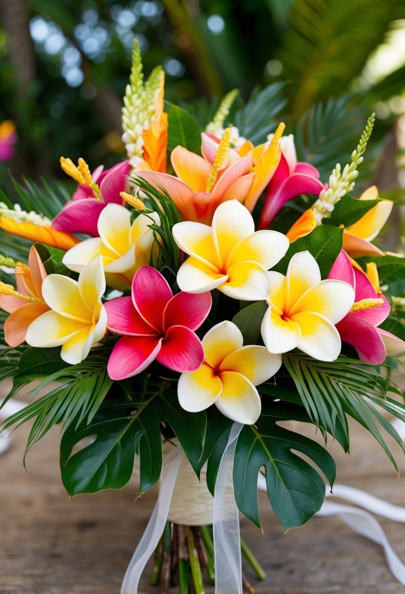 A vibrant bouquet of frangipani flowers in various colors, intertwined with tropical foliage and delicate ribbons, evoking the essence of a Hawaiian wedding