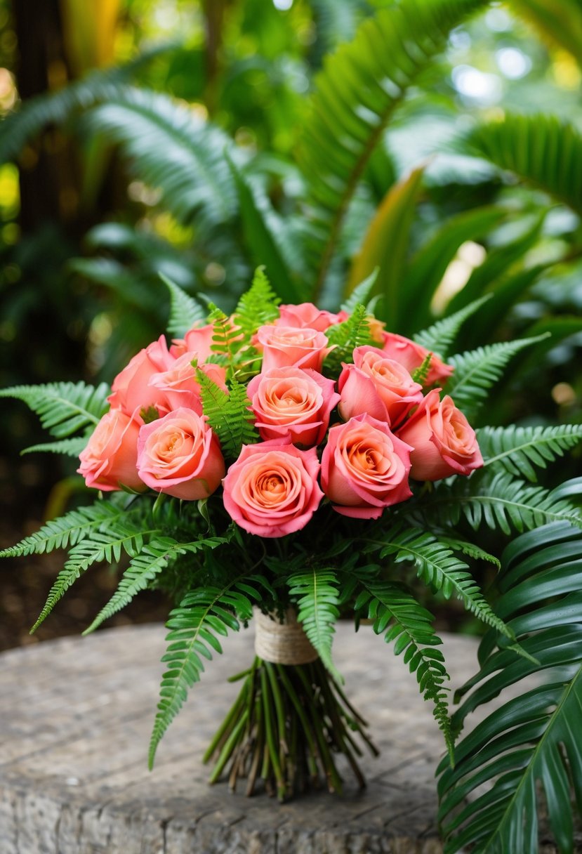 A bouquet of vibrant coral roses and lush green ferns set against a backdrop of tropical Hawaiian foliage