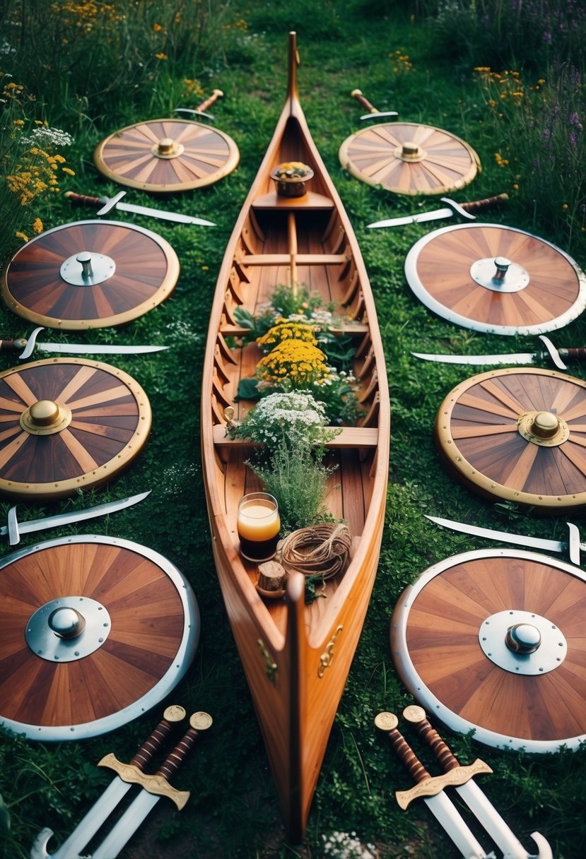 A wooden longship adorned with wildflowers and herbs, surrounded by a circle of Viking shields and swords, with a traditional drinking horn and mead