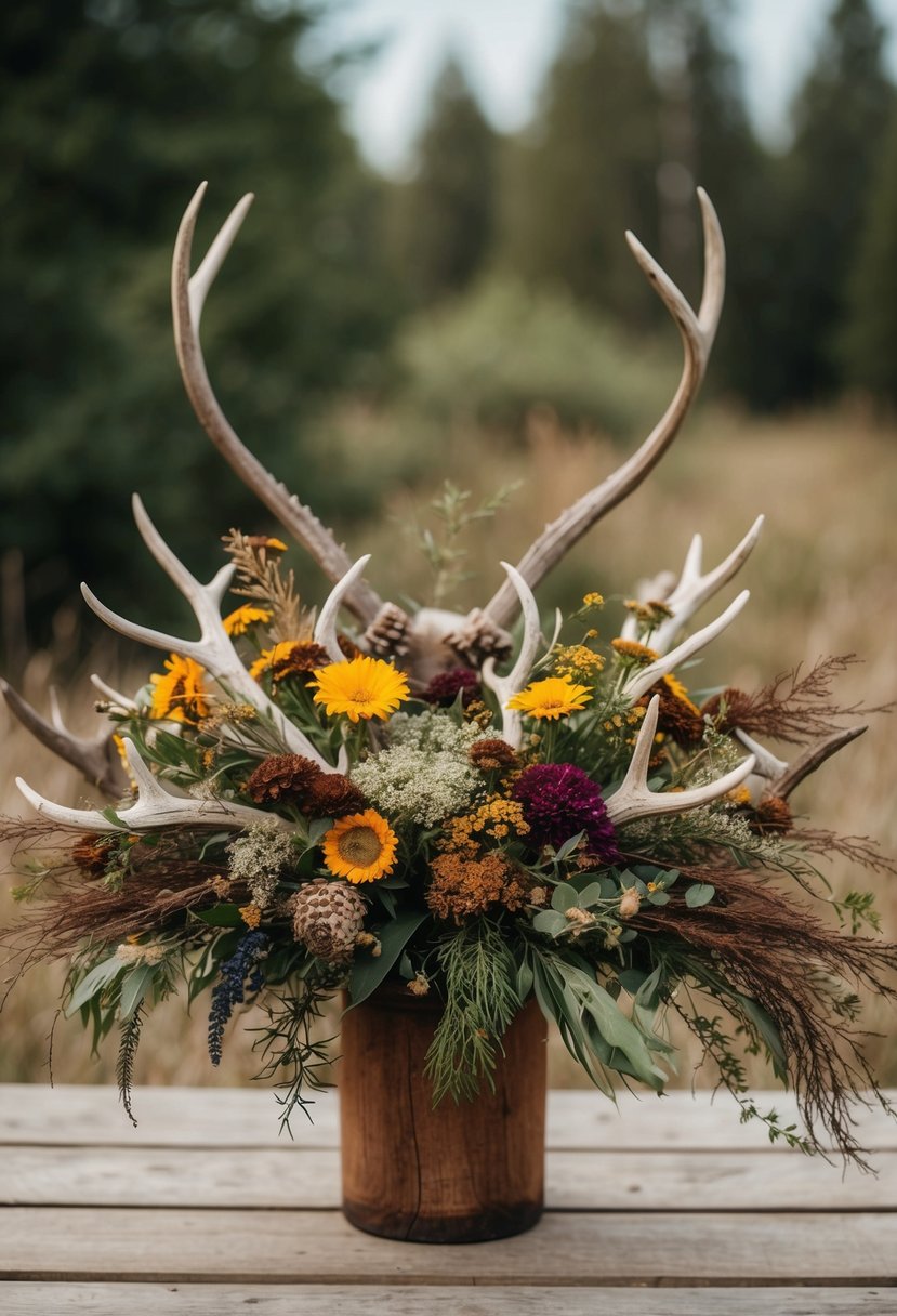 A rustic wildflower arrangement with viking-inspired elements, such as antlers or fur, arranged in a natural, untamed style