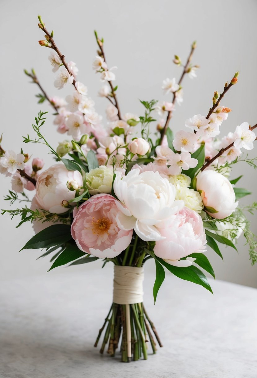 A traditional Japanese wedding bouquet featuring cherry blossoms, peonies, and delicate greenery arranged in a simple yet elegant manner