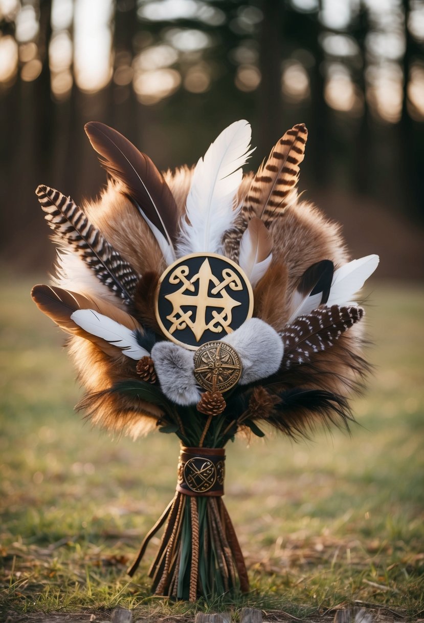 A bouquet of fur and feather adorned with Viking symbols