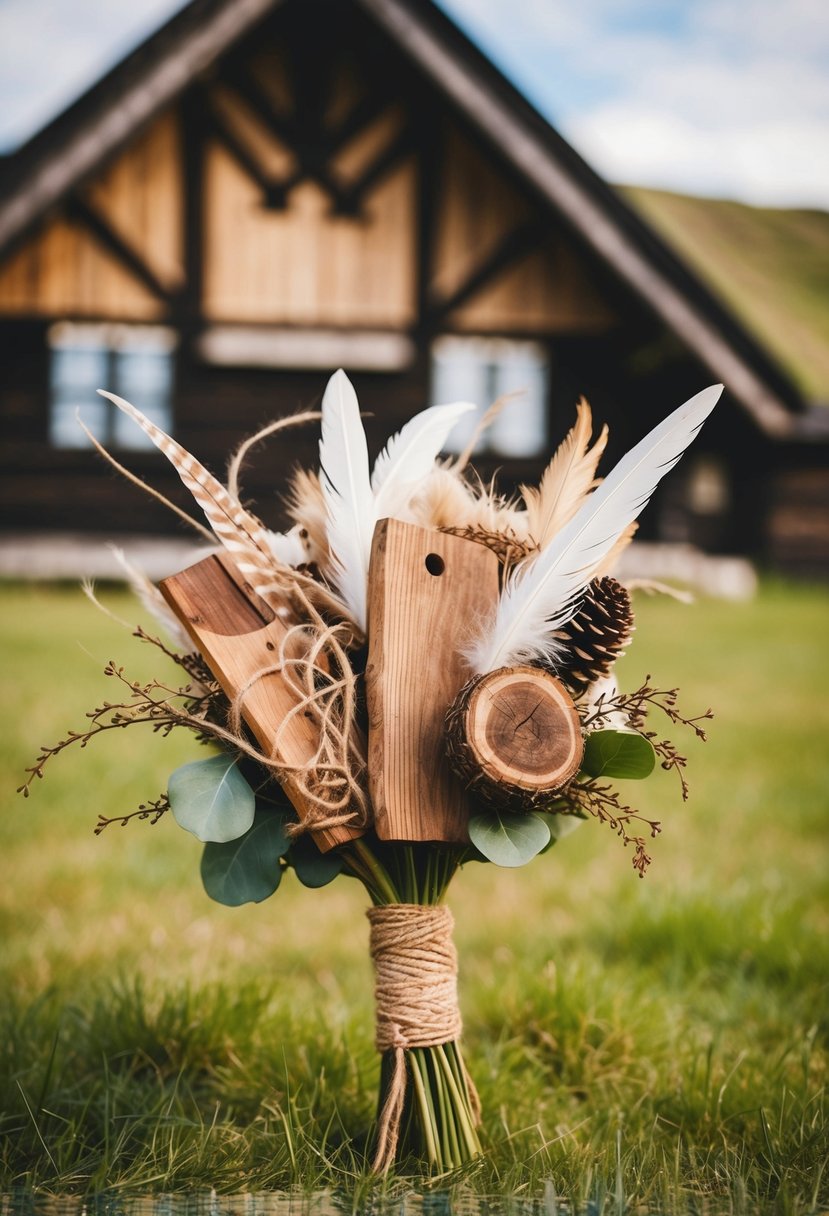 A rustic viking wedding bouquet with wooden elements, adorned with twine and feathers, set against a backdrop of a traditional viking longhouse