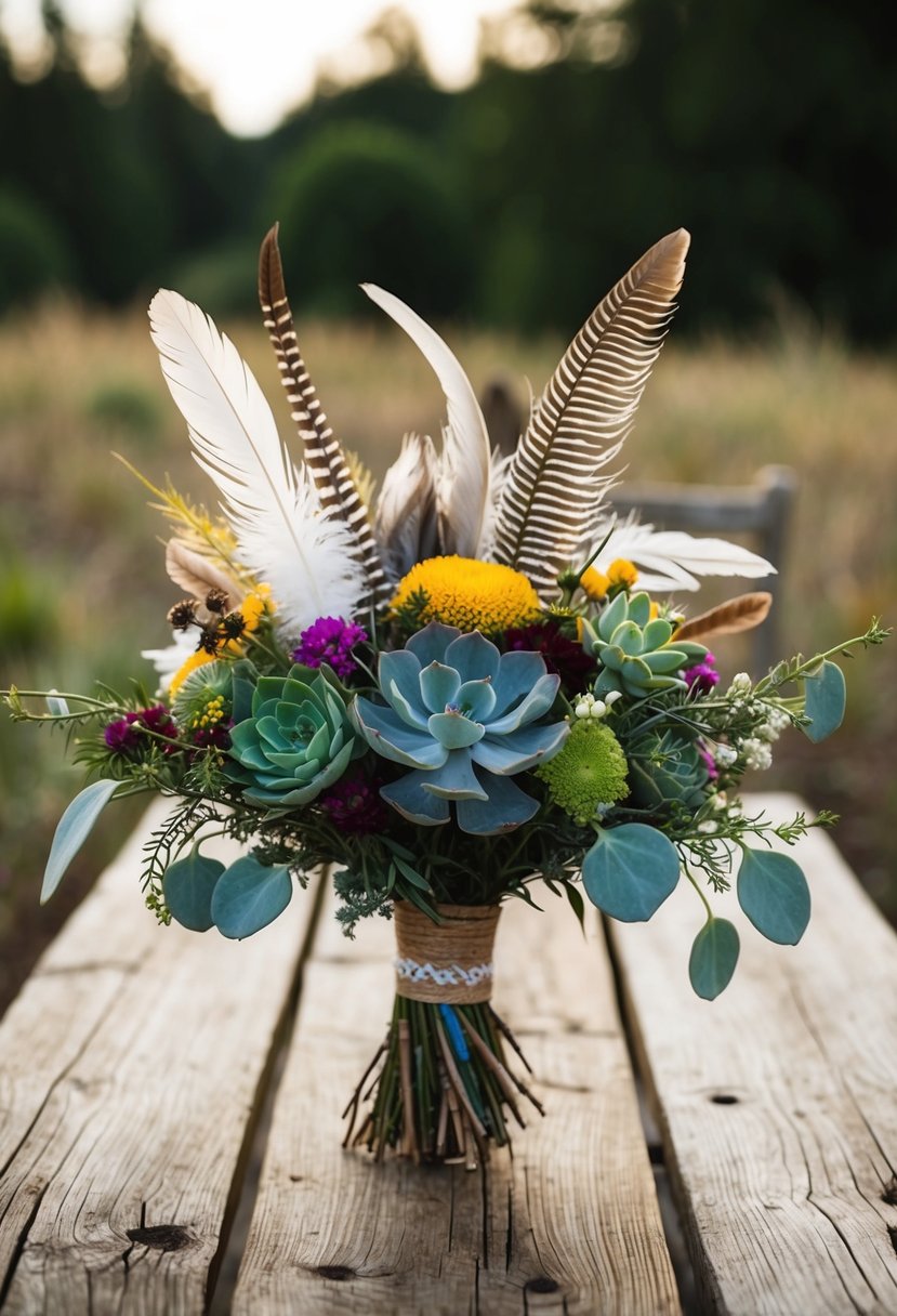 A rustic wooden table adorned with wildflowers, succulents, and feathers, creating a unique alternative wedding bouquet