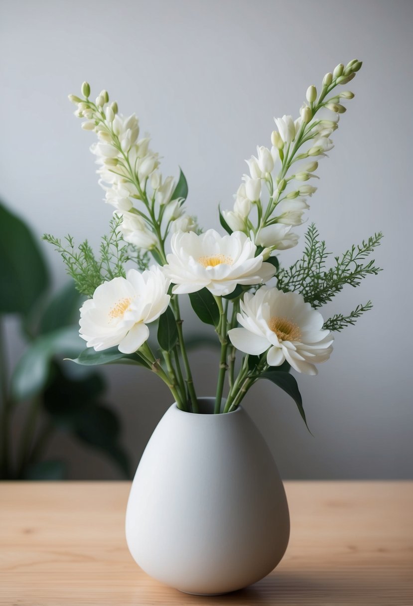 A serene, modern vase holds three simple, elegant bouquets of delicate white flowers and greenery, arranged in the traditional Japanese Ikebana style