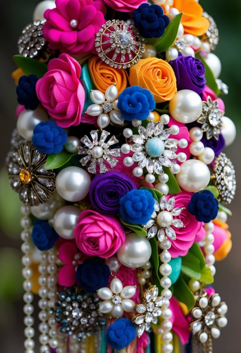 A vibrant assortment of brooches, pearls, and fabric flowers arranged in a cascading bouquet