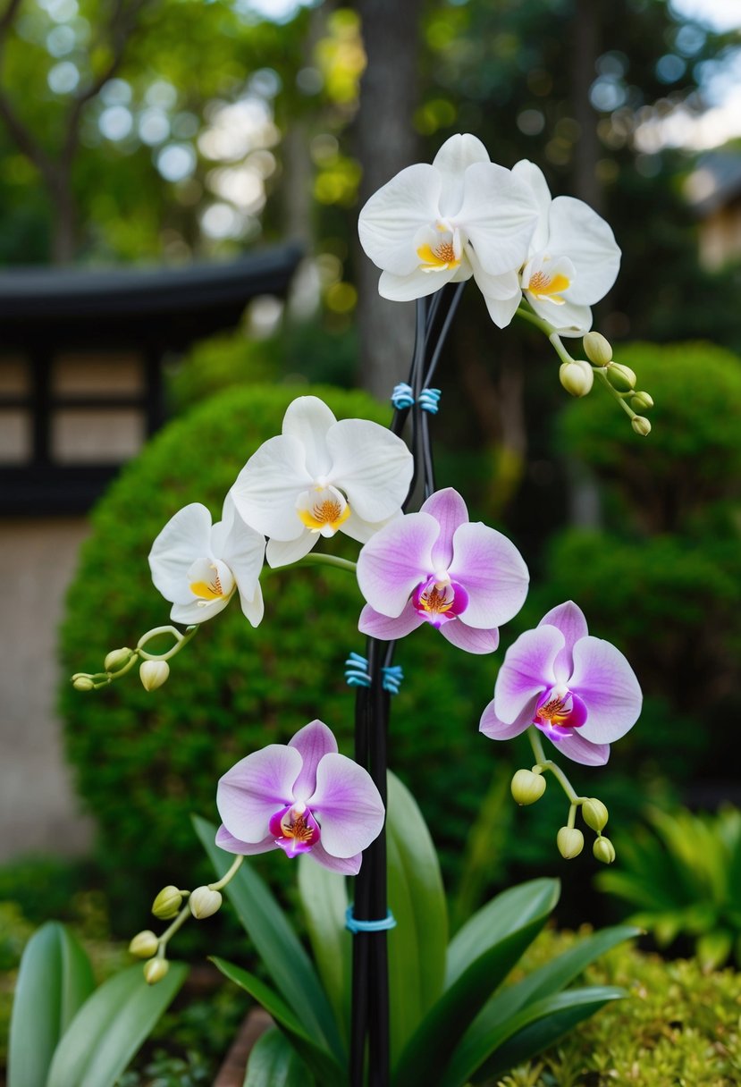 A serene Japanese garden with Pinpon Mamu and Banda orchid arrangements for a wedding bouquet