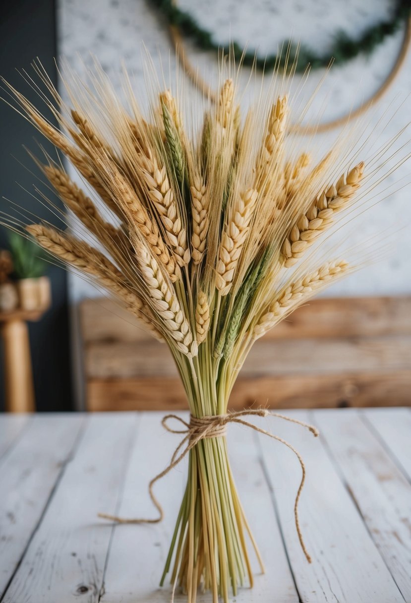 A rustic bouquet of wheat and oats tied with twine, set against a backdrop of Nordic-inspired decor