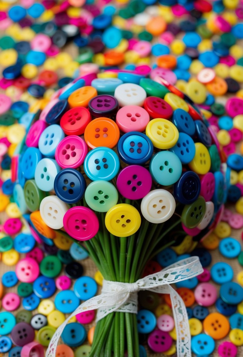 A collection of colorful buttons arranged in a bouquet-like formation, tied together with ribbon or lace