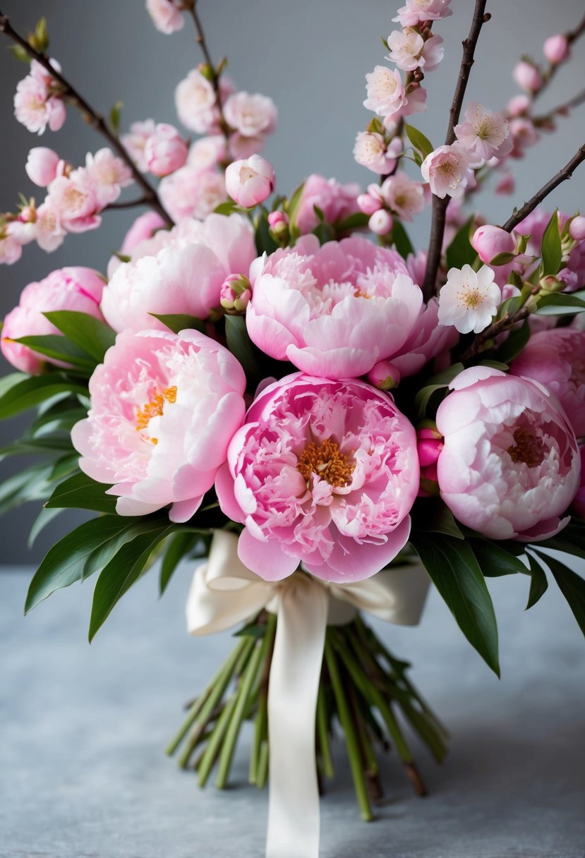 A lush bouquet of pink peonies and delicate cherry blossoms tied with a silk ribbon