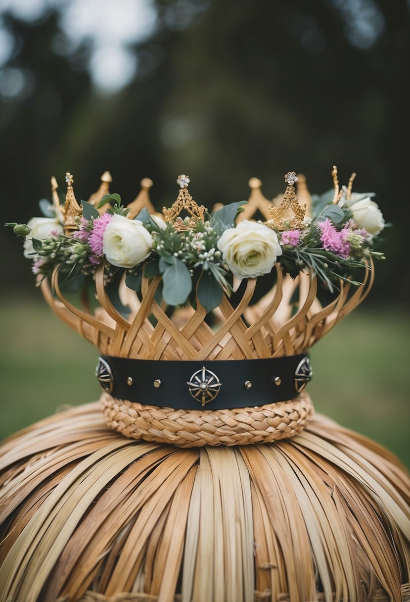 A bridal crown of flowers rests atop a straw viking wedding bouquet