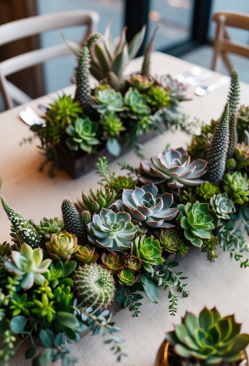 A table adorned with various succulents arranged in a loose, organic manner, creating an alternative wedding bouquet display