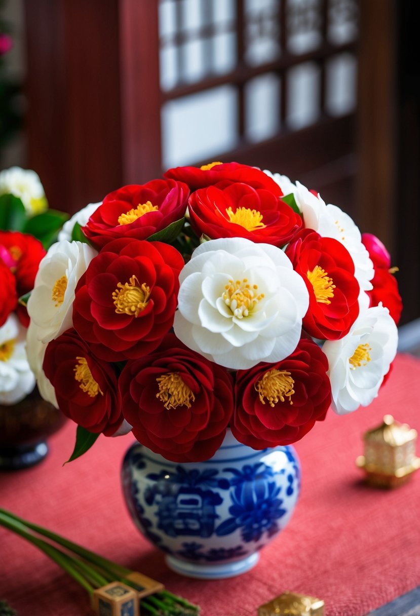 A vibrant bouquet of red and white camellias arranged in a traditional Japanese style