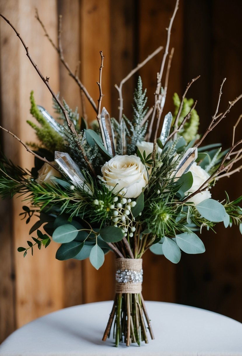 A rustic bouquet of twigs and greenery adorned with shimmering crystals