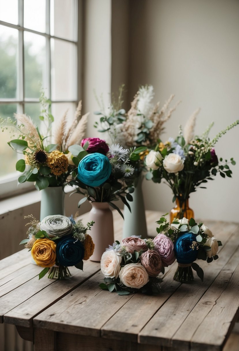 A collection of fabric bouquets in various colors and styles arranged on a rustic wooden table, with soft natural light filtering in from a nearby window