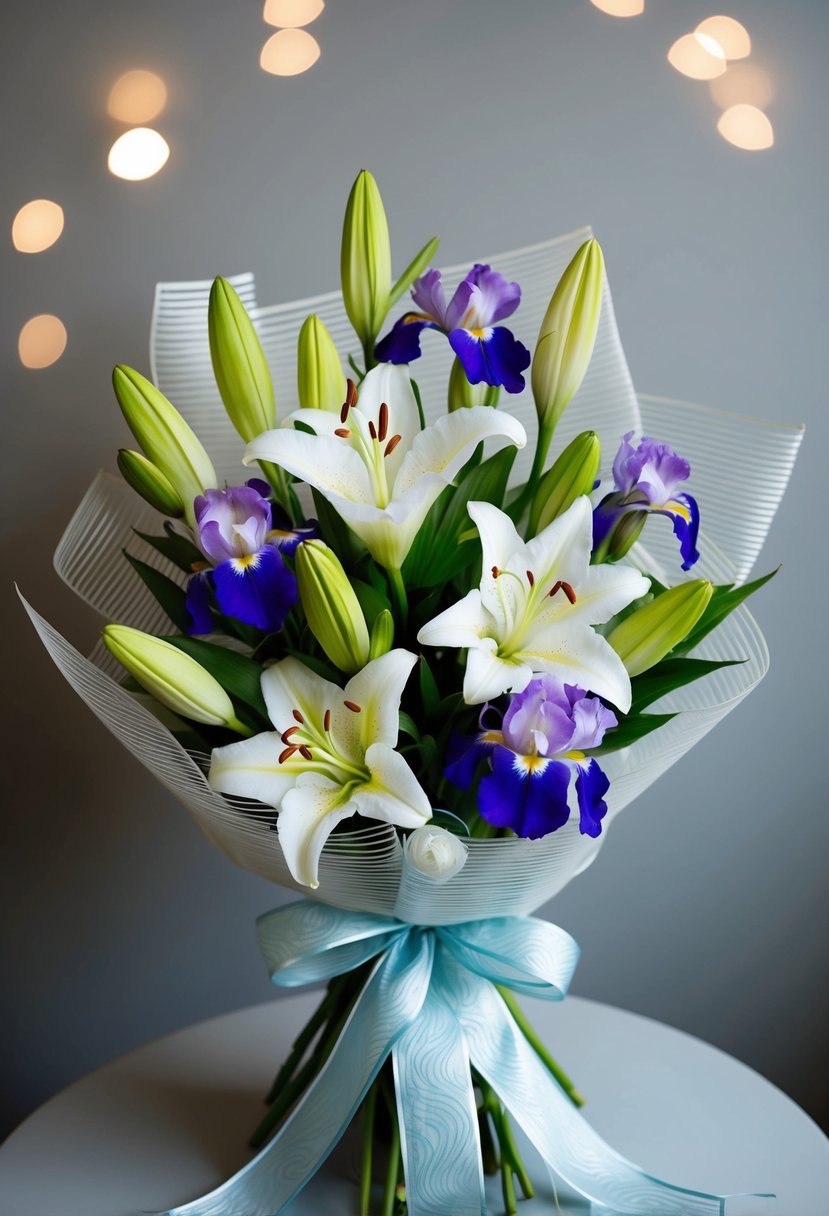 A delicate bouquet of lilies and irises, arranged in a traditional Japanese style, with flowing ribbons and intricate wrapping