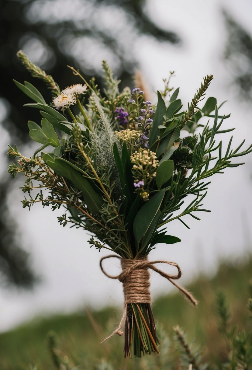 A rustic viking wedding bouquet with sprigs of greenery and herbs, tied with twine and adorned with small wildflowers