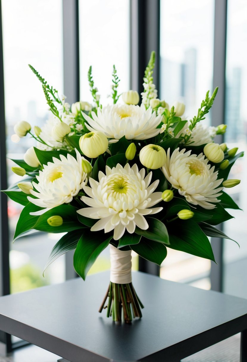 A modern Japanese wedding bouquet with chrysanthemum designs in a sleek and elegant arrangement