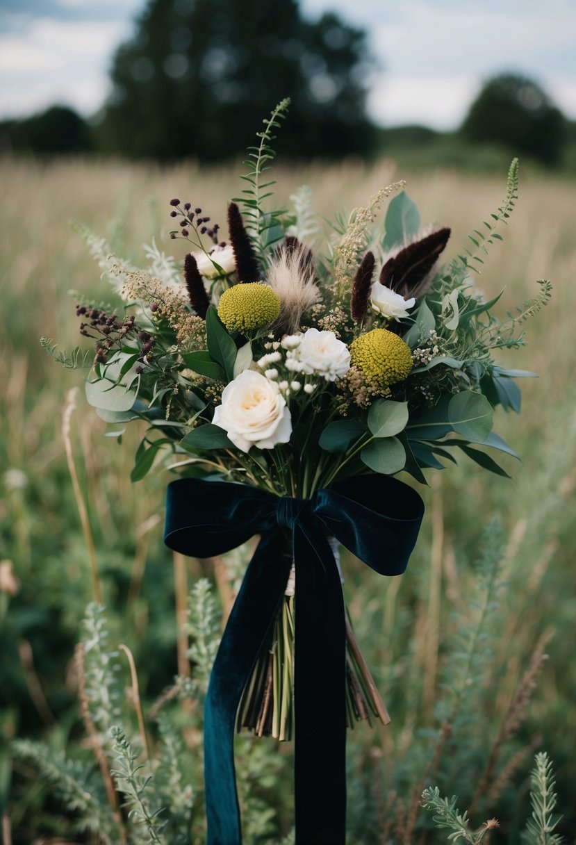 A dark velvet ribbon wraps around a rustic viking wedding bouquet of wildflowers and greenery