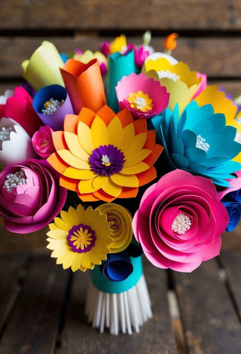 A collection of vibrant paper flowers arranged in a bouquet, with various shapes and sizes, creating a colorful and unique alternative wedding bouquet