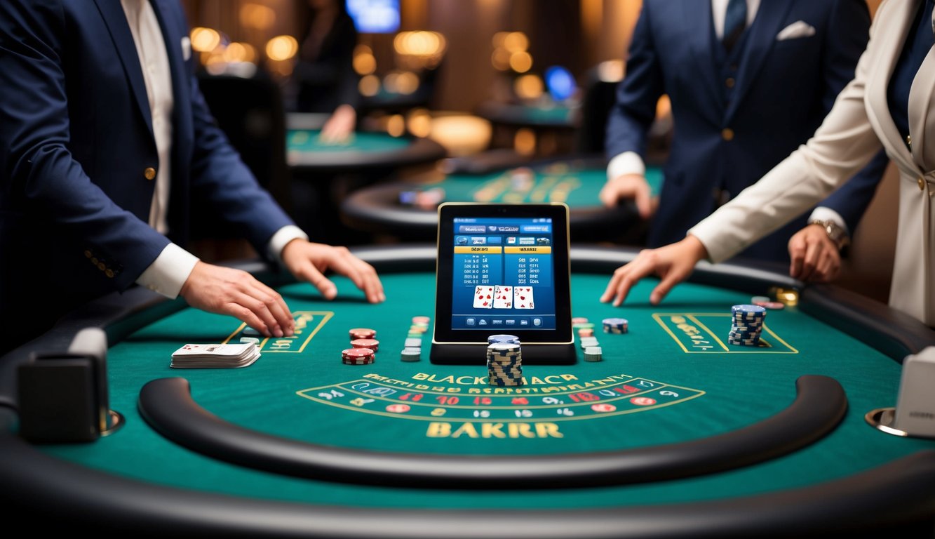 Sebuah suasana kasino yang ramping dan modern dengan meja blackjack langsung, dealer, dan pemain virtual yang berinteraksi dalam lingkungan online