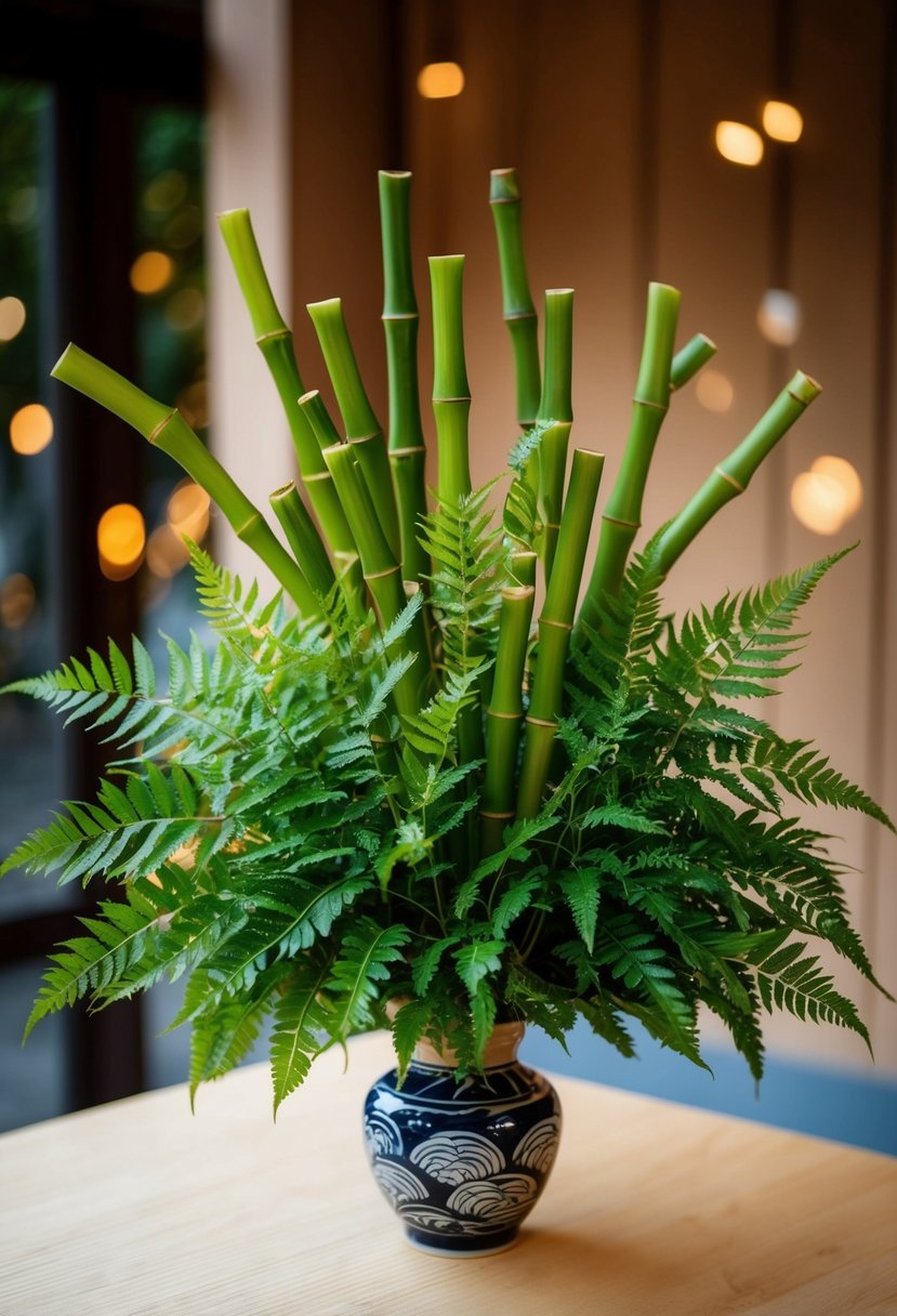 A bouquet of bamboo and ferns arranged in traditional Japanese style