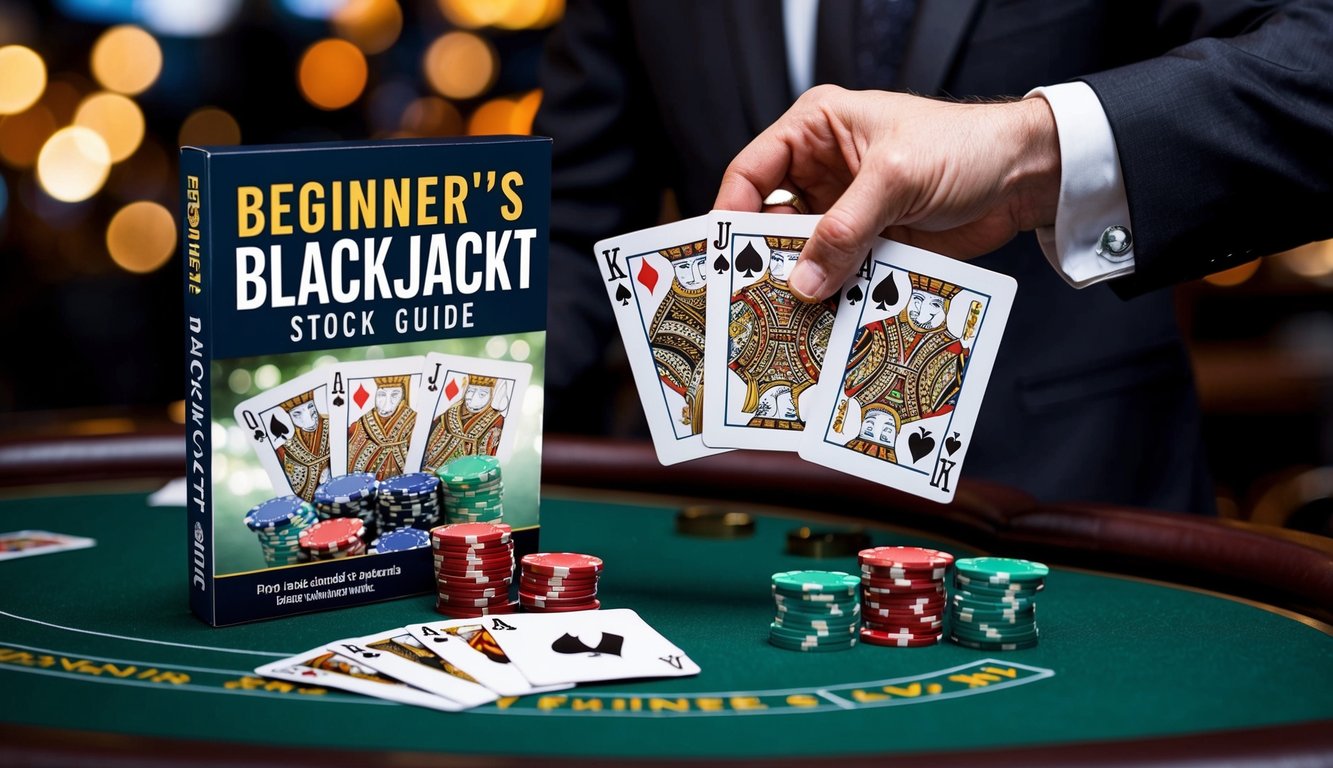 Panduan blackjack untuk pemula dengan kartu, chip, dan tangan dealer yang membagikan tangan yang menang