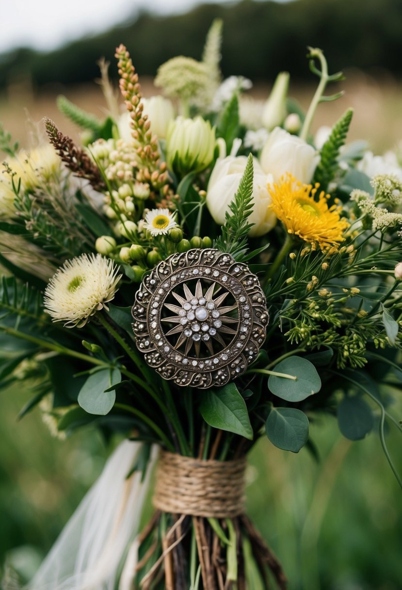 An antique brooch adorns a rustic Viking wedding bouquet of wildflowers and greenery, adding a touch of timeless elegance to the natural arrangement