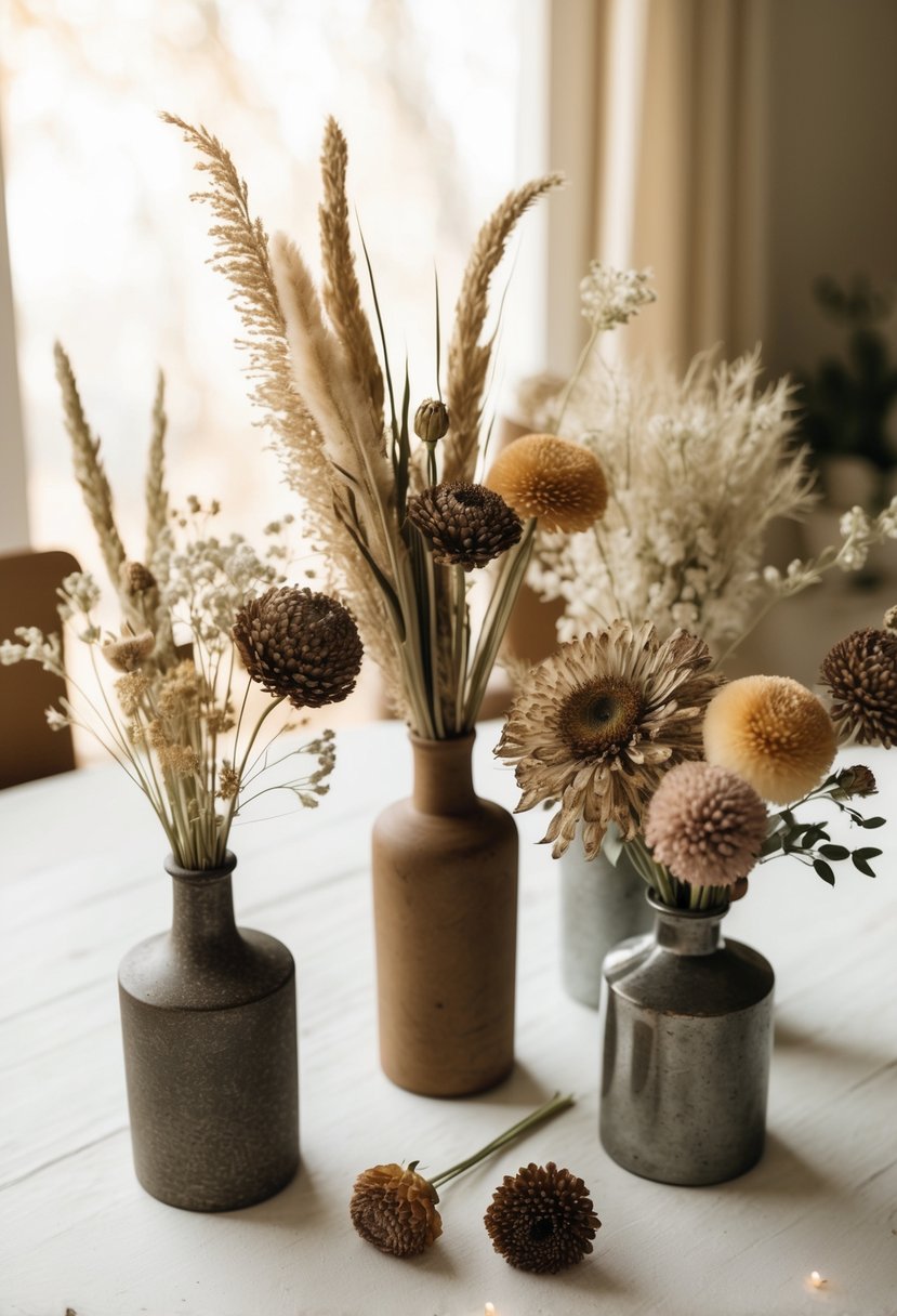 A table adorned with various dried flower bouquets in rustic vases, surrounded by soft natural light