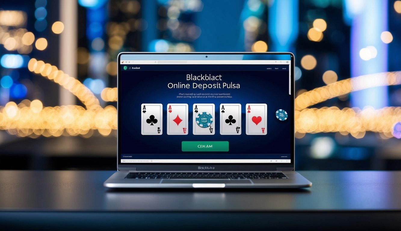 Sebuah perangkat digital yang menampilkan antarmuka deposit pulsa blackjack online dengan chip dan kartu virtual di latar belakang yang ramping dan modern