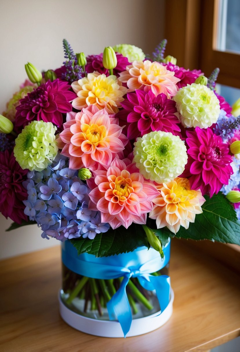 A vibrant bouquet of dahlia and hydrangea, arranged in a Japanese-inspired style, bursts with color and texture