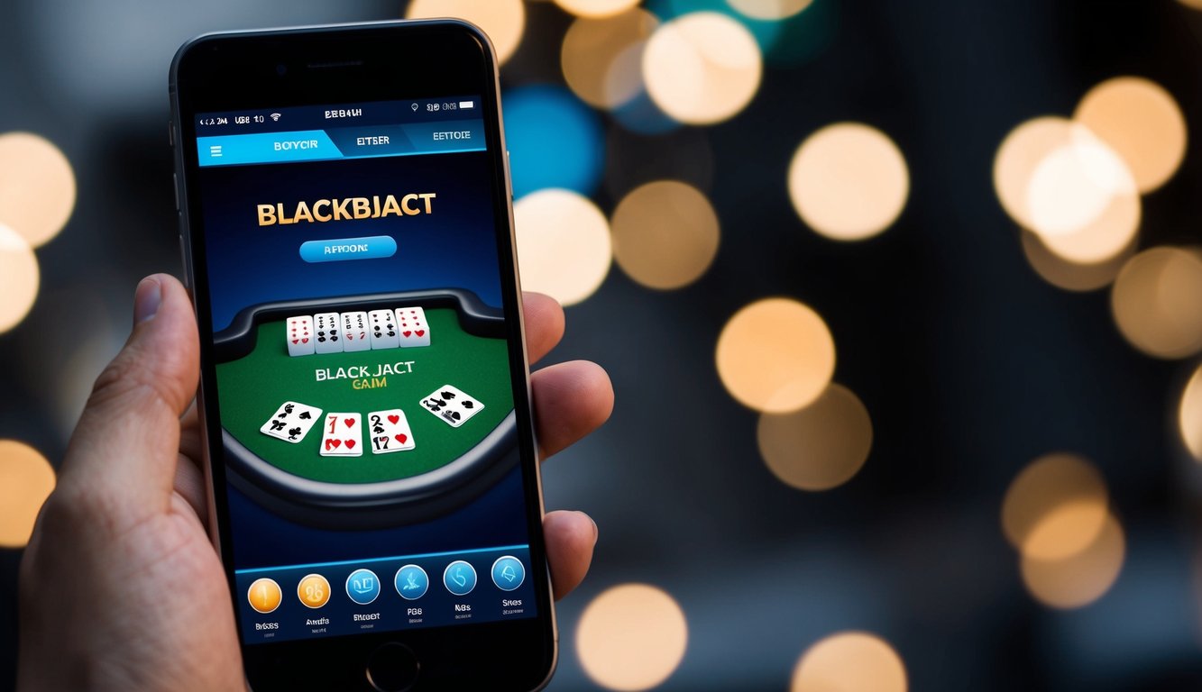 Sebuah smartphone yang menampilkan aplikasi permainan blackjack dengan desain yang ramping dan modern serta antarmuka pengguna