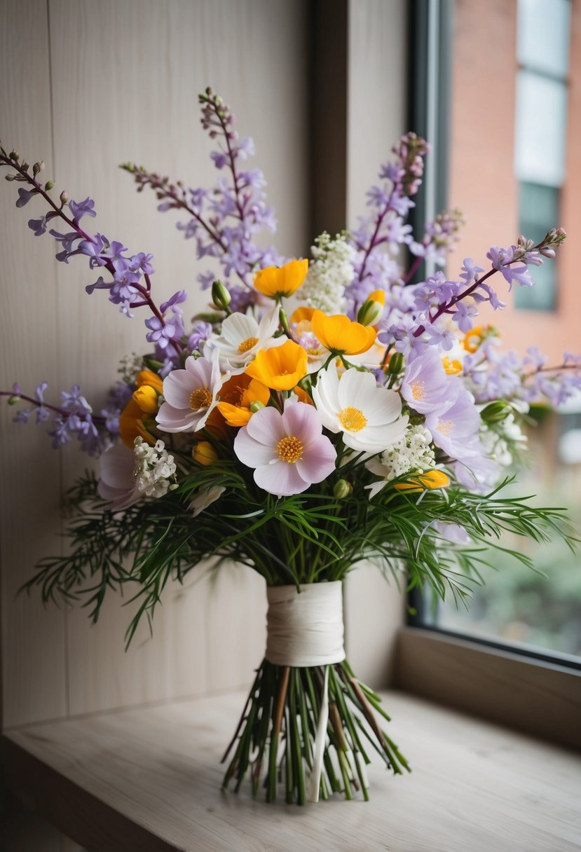 A Japanese wedding bouquet with cosmos and wisteria in a unique and elegant style