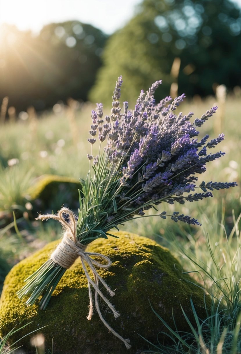 A bouquet of lavender and wild grasses tied with twine, resting on a mossy rock in a sunlit clearing