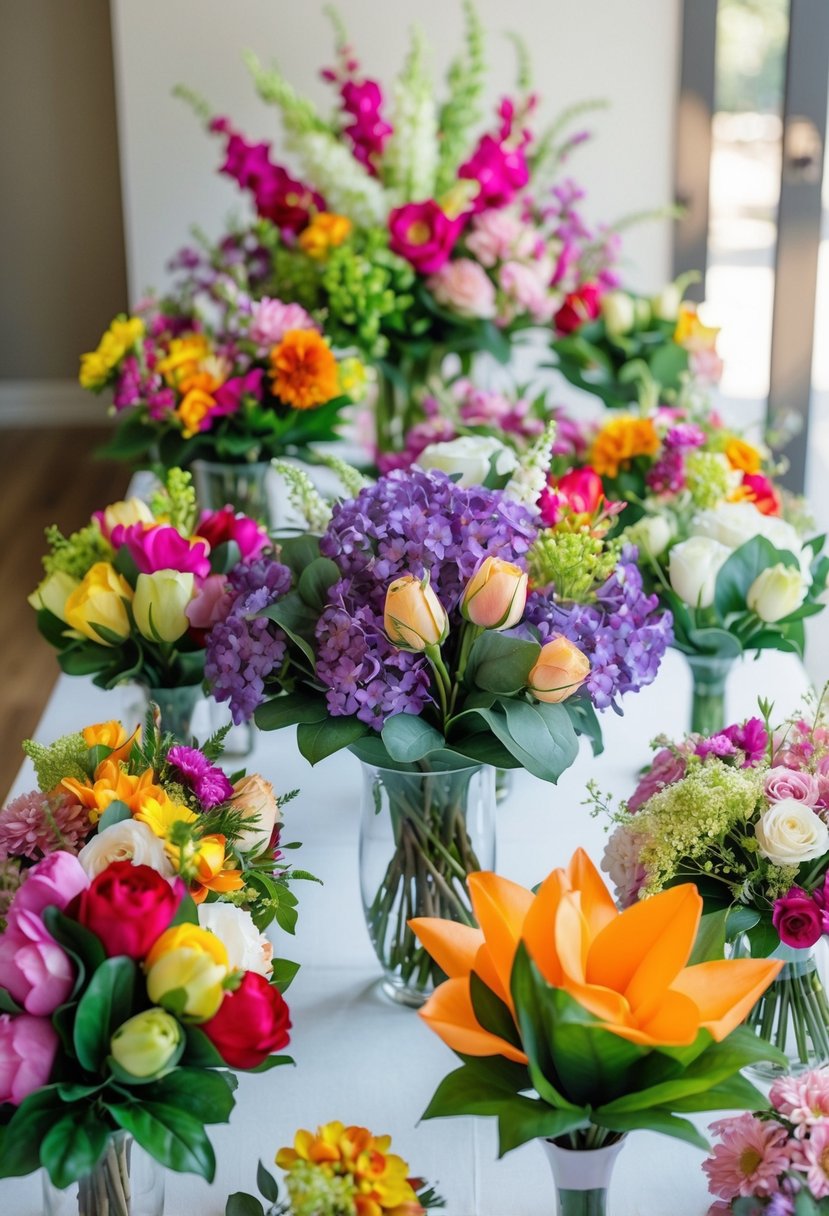 A table adorned with colorful silk flower bouquets, arranged in a variety of sizes and styles, creating an alternative wedding bouquet display