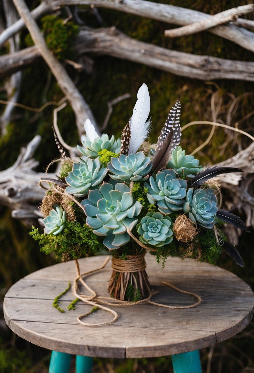 A rustic, wooden table adorned with viking-inspired succulent bouquets, intertwined with twine and feathers, set against a backdrop of moss and driftwood