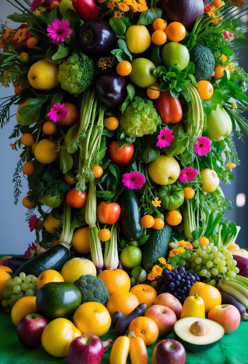 A vibrant array of fruits and vegetables arranged in a lush, cascading bouquet, with colorful blooms interspersed throughout