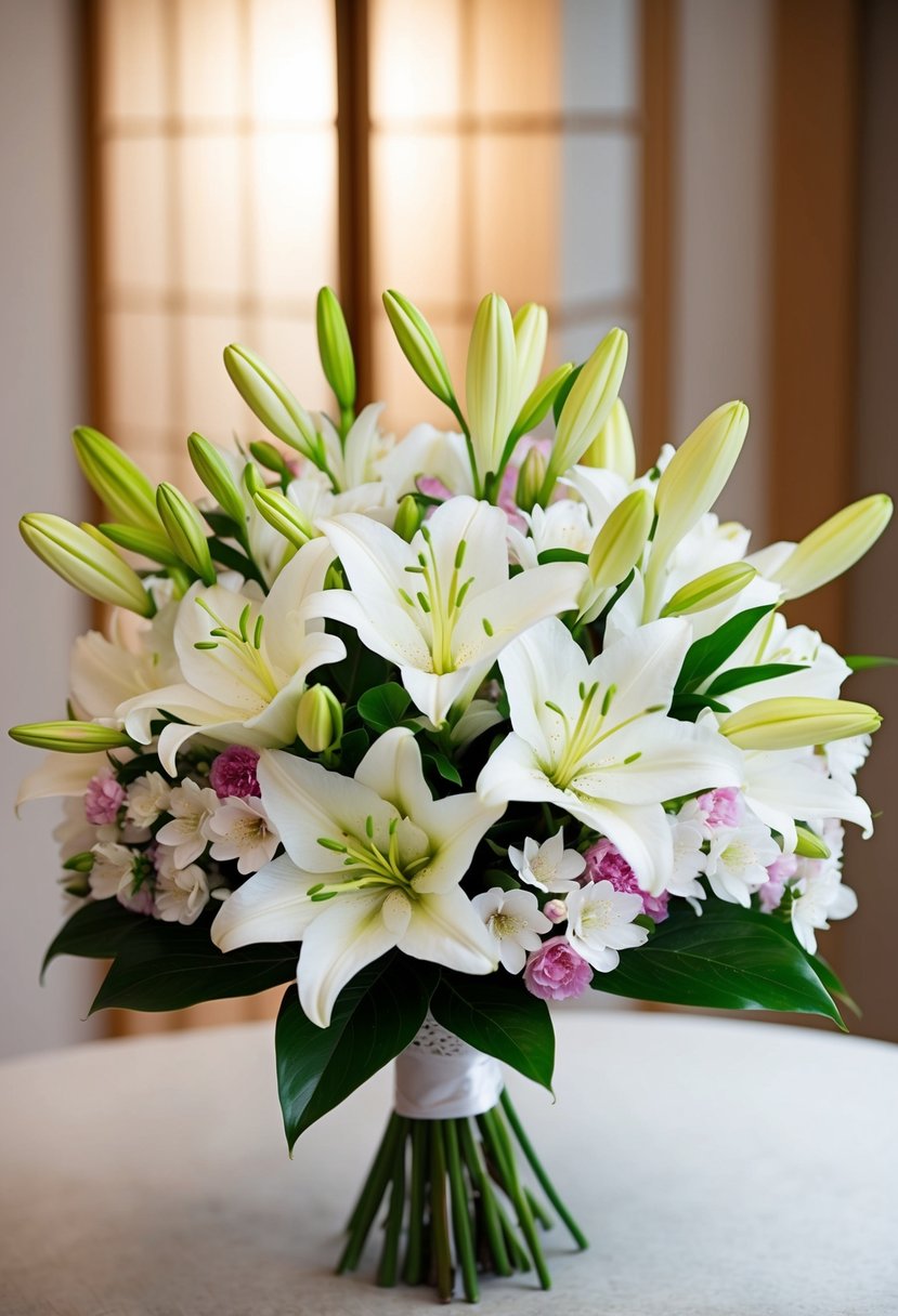 A white lily and plum blossom wedding bouquet, arranged in a traditional Japanese style, exudes elegance and grace