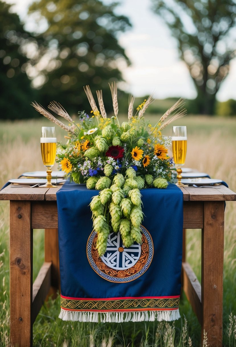 A rustic wooden table adorned with a vibrant arrangement of hops and barley, accented with wildflowers and draped with a traditional Viking wedding cloak