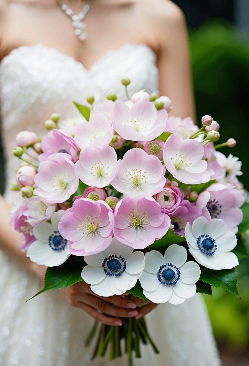 A delicate mix of sakura and anemone blooms in a Japanese wedding bouquet