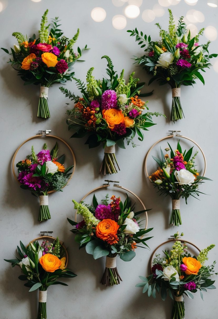 A collection of hoop bouquets featuring vibrant flowers and greenery, arranged in a variety of sizes and styles for alternative wedding bouquet ideas