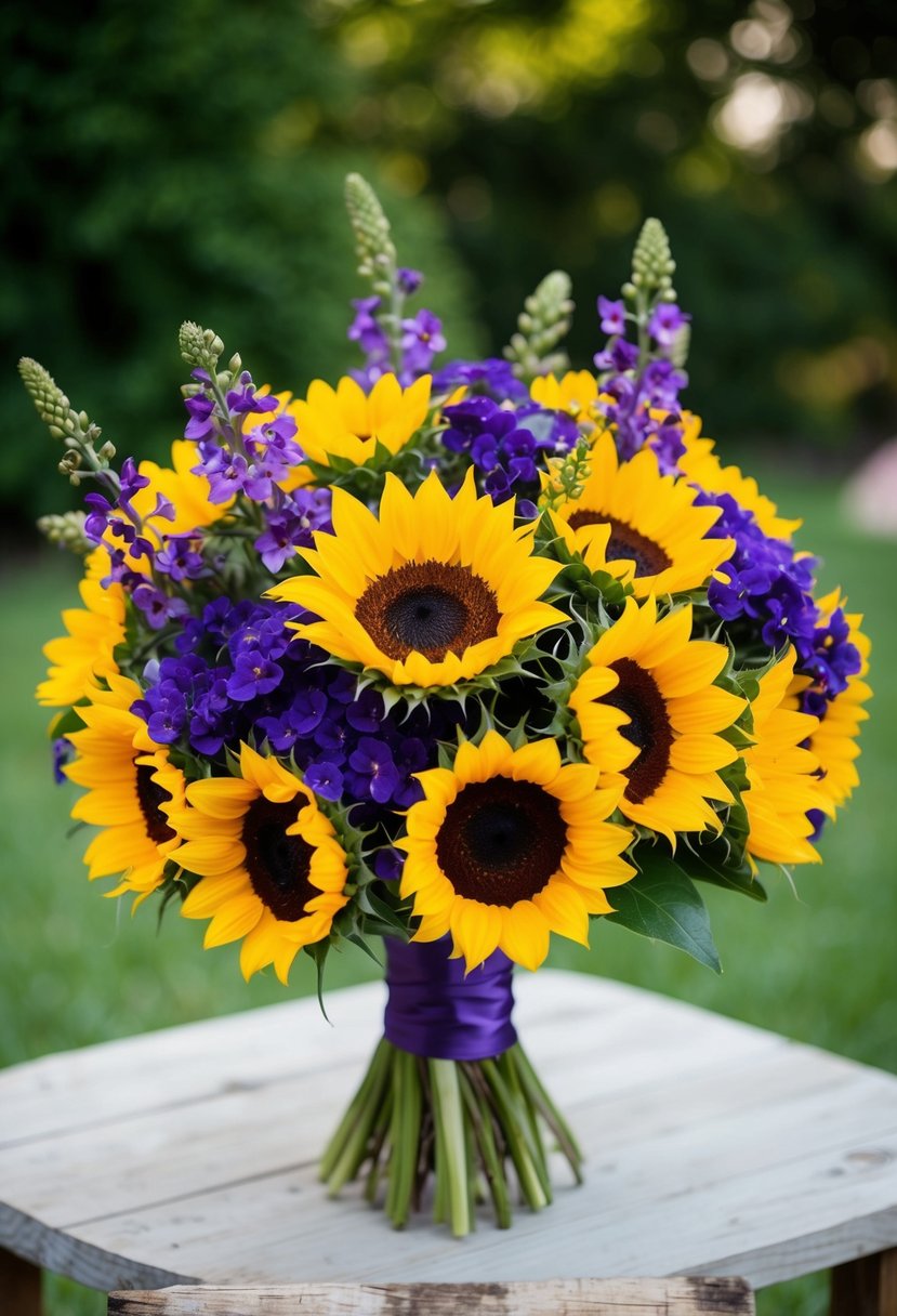 A vibrant bouquet of sunflowers and violets arranged in a Japanese style for a wedding