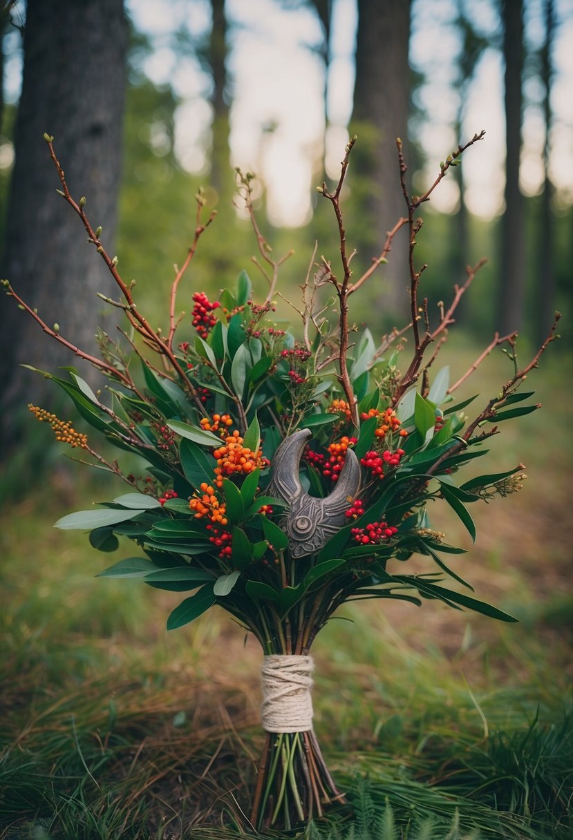 Lush wild branches entwined with vibrant berries for a Viking wedding bouquet