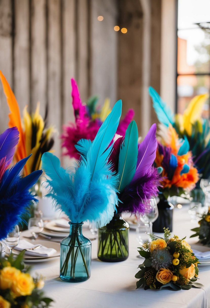 A table adorned with various feather bouquets in vibrant colors and unique arrangements, serving as alternative wedding bouquet ideas