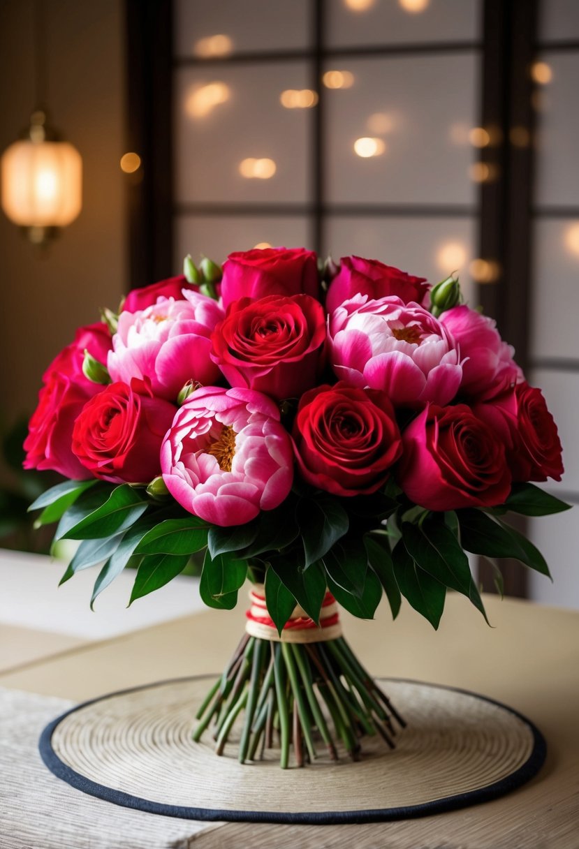 A delicate bouquet of red roses and pink peonies arranged in a traditional Japanese style