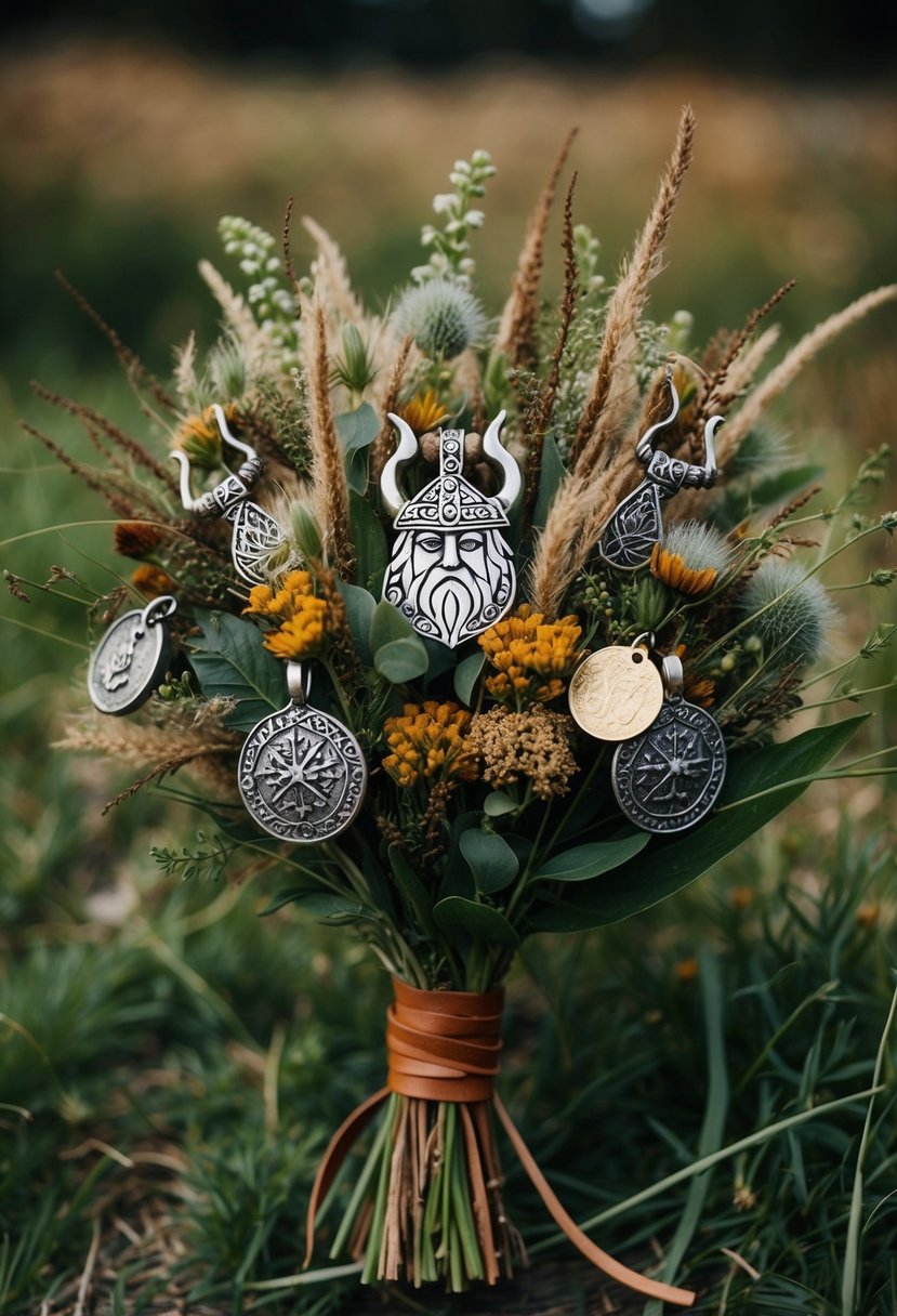 A rustic bouquet of wildflowers and greenery, adorned with viking-inspired pendants and charms, tied with a leather ribbon