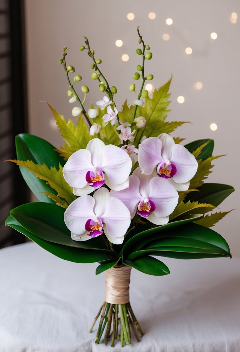 A delicate bouquet of orchids and Japanese maple leaves arranged in a traditional Japanese wedding style