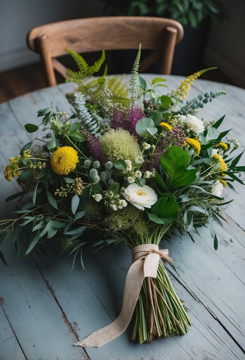 A lush bouquet of wildflowers and Nordic foliage, tied with a rustic ribbon, rests on a weathered wooden table