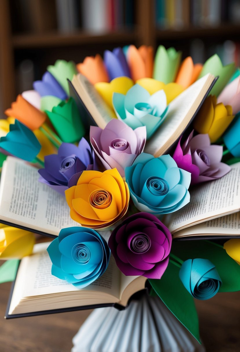 A collection of colorful paper flowers arranged in a bouquet, with book pages and covers incorporated into the design